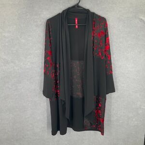 IC by‎ Connie K Draped Cardigan Sz L Black Red Floral Velvet Burnout Whimsigoth